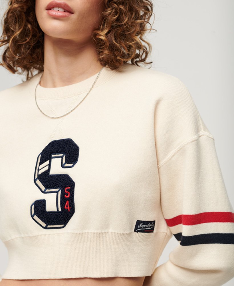 varsity crop crew jumper in new chalk