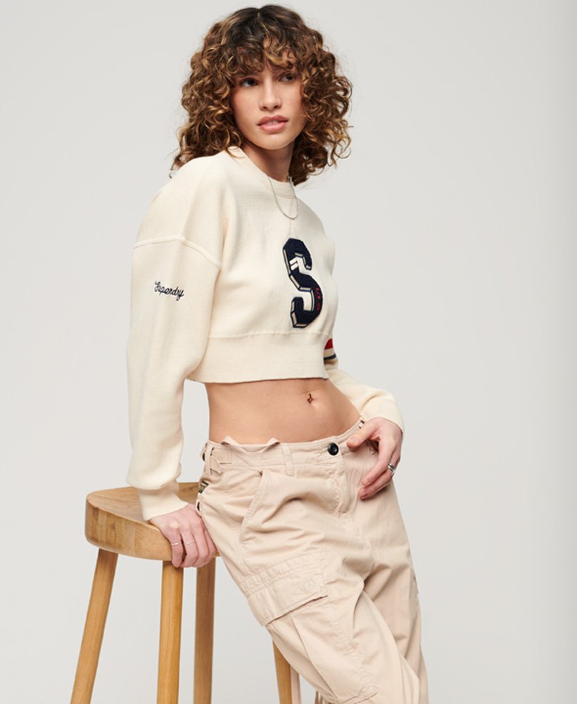 varsity crop crew jumper in new chalk