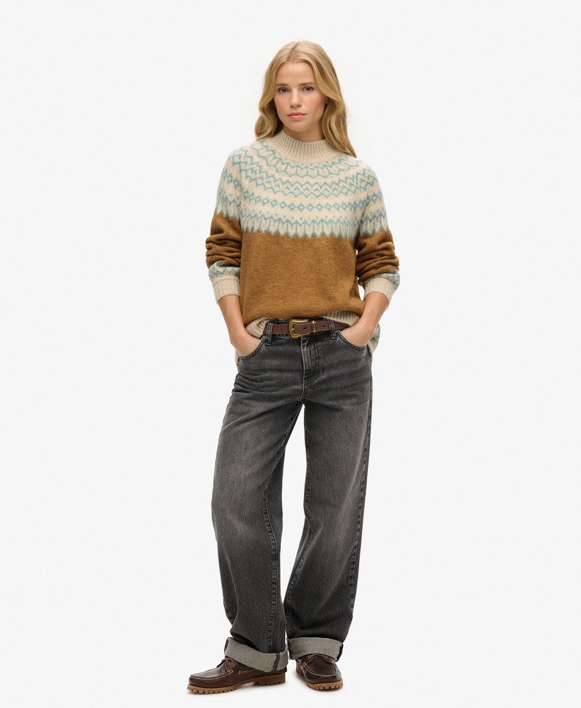 slouchy gebreide trui met patroon in karamelkleurige fairisle