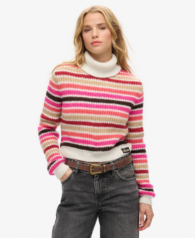 gestreepte cropped coltrui in ecru strepen