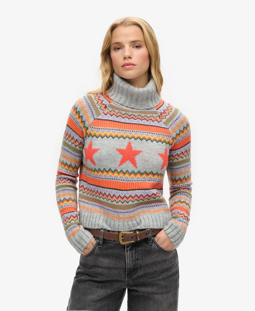 gebreide trui met raglanstrepen en rolkraag in grijs gemêleerd fairisle-patroon.