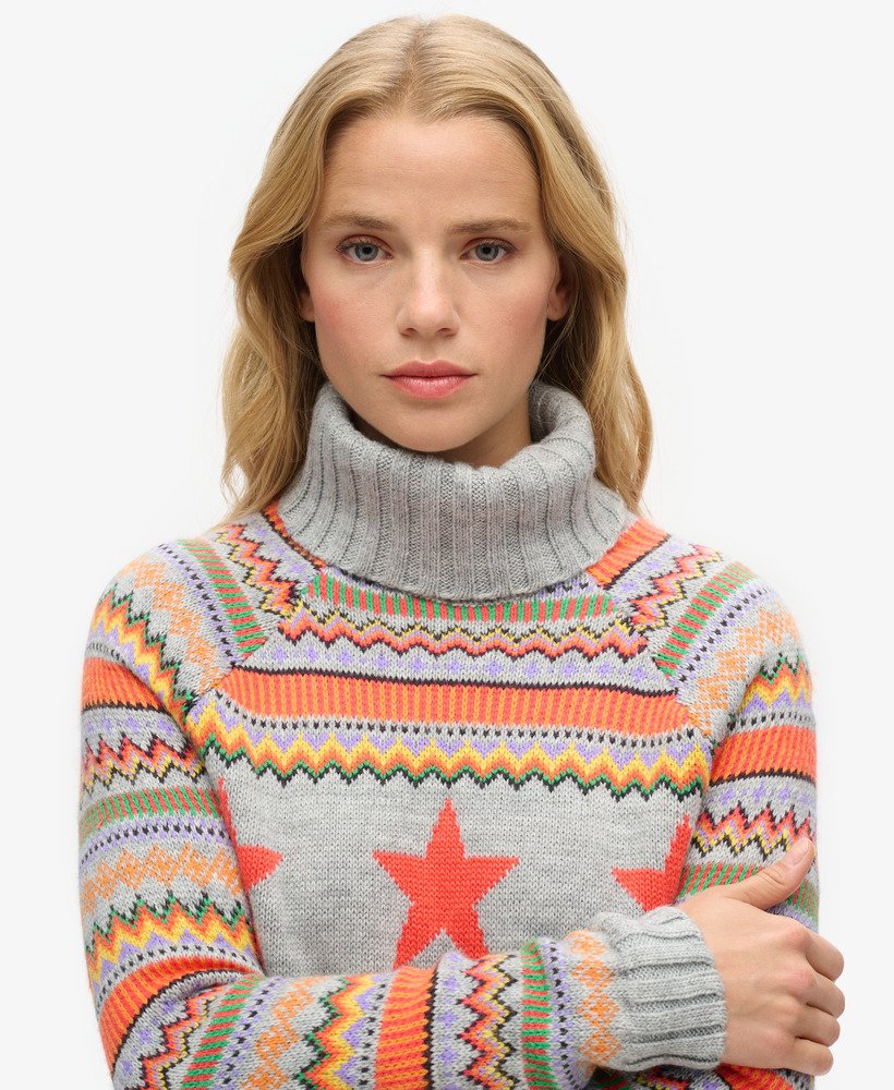 gebreide trui met raglanstrepen en rolkraag in grijs gemêleerd fairisle-patroon.