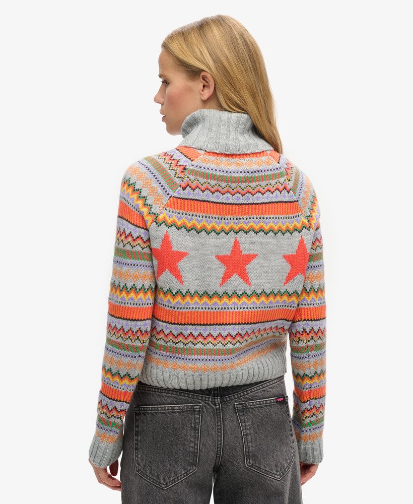 gebreide trui met raglanstrepen en rolkraag in grijs gemêleerd fairisle-patroon.