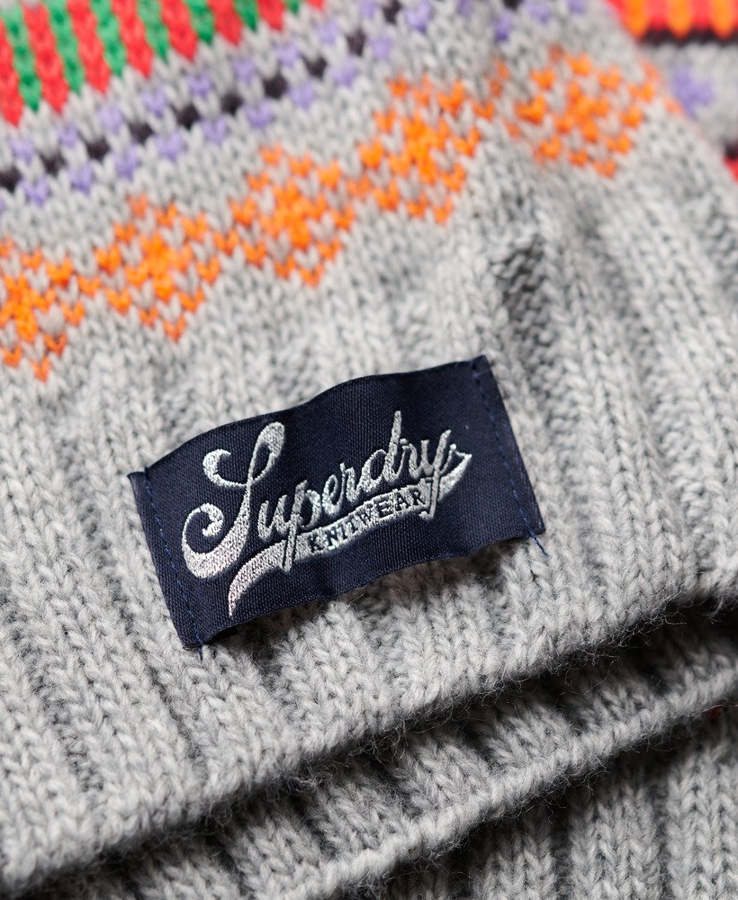 gebreide trui met raglanstrepen en rolkraag in grijs gemêleerd fairisle-patroon.