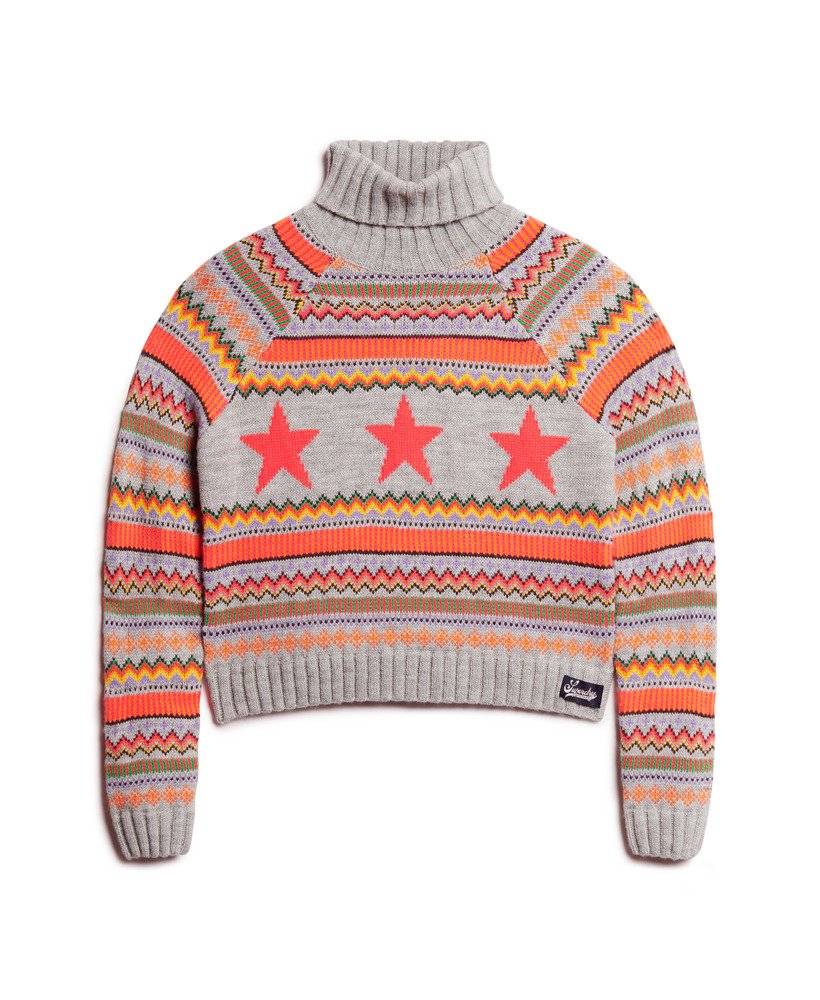 gebreide trui met raglanstrepen en rolkraag in grijs gemêleerd fairisle-patroon.