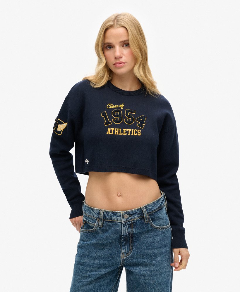 varsity cropped crew jumper in rich navy
