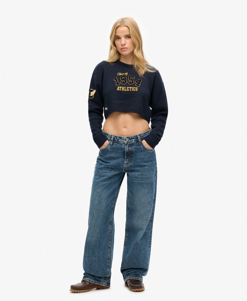 varsity cropped crew jumper in rich navy