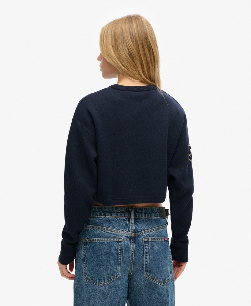 varsity cropped crew jumper in rich navy