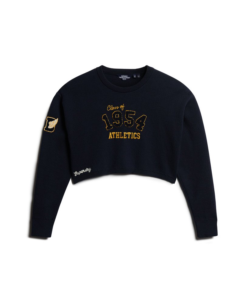 varsity cropped crew jumper in rich navy
