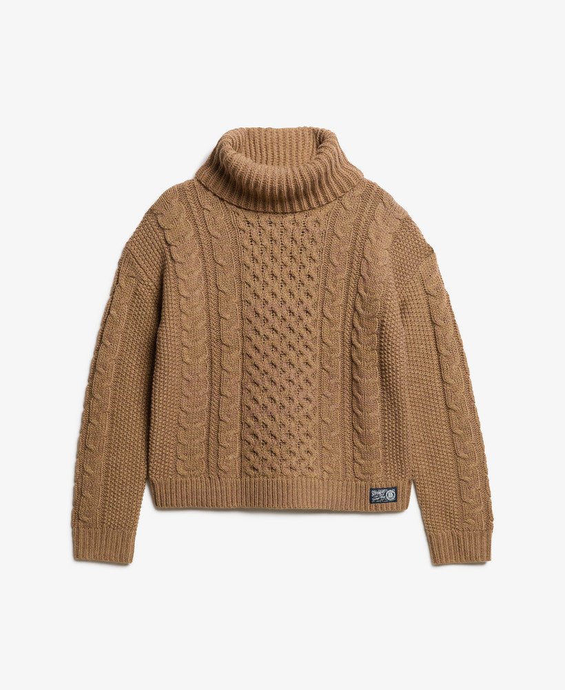 kabeltrui met rolkraag in de kleur island caramel twist