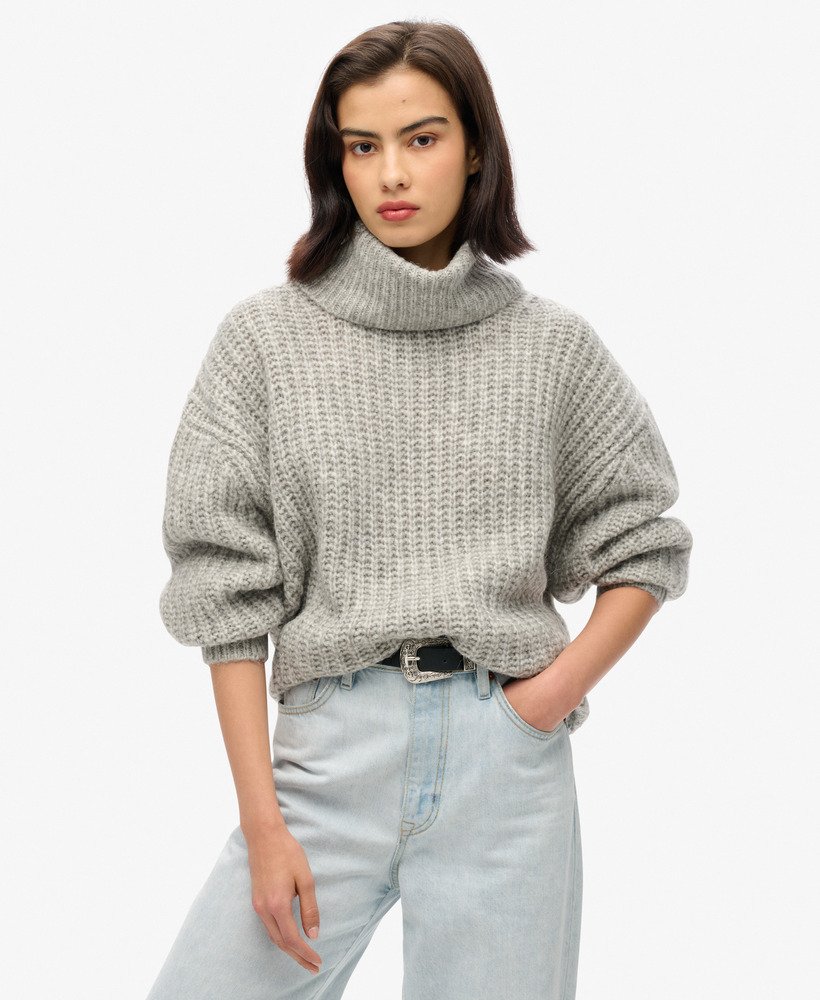 trui met slouchneck van geborsteld ribmateriaal in gemêleerd grijs met twist