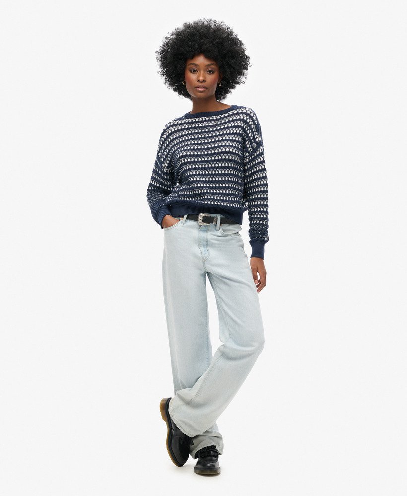 gehaakte cropped trui met ronde hals in donkerblauwe strepen