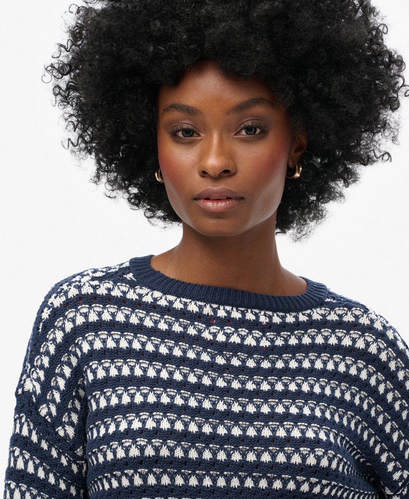 gehaakte cropped trui met ronde hals in donkerblauwe strepen