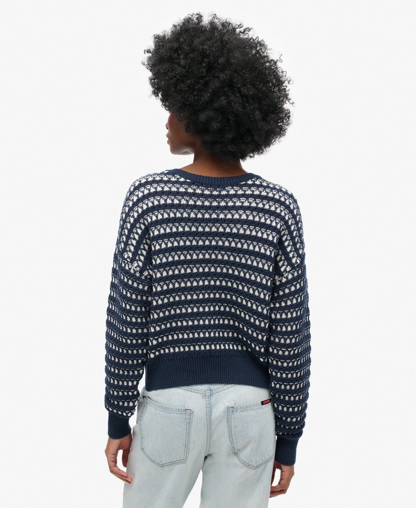 gehaakte cropped trui met ronde hals in donkerblauwe strepen