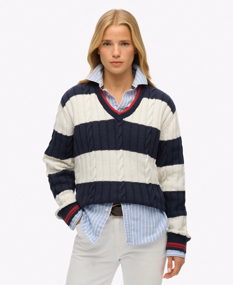 Gestreepte oversized kabeltrui met V-hals