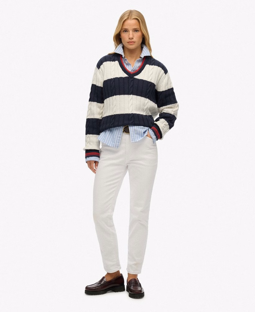 Gestreepte oversized kabeltrui met V-hals