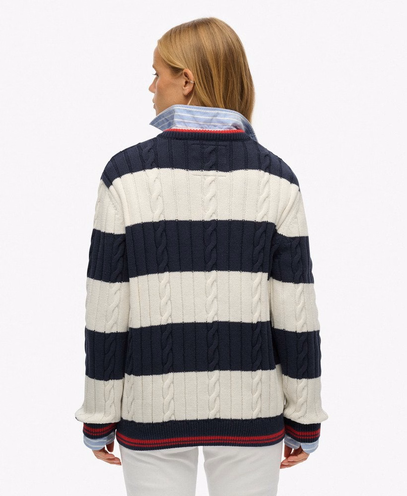 Gestreepte oversized kabeltrui met V-hals