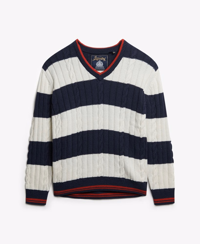 Gestreepte oversized kabeltrui met V-hals
