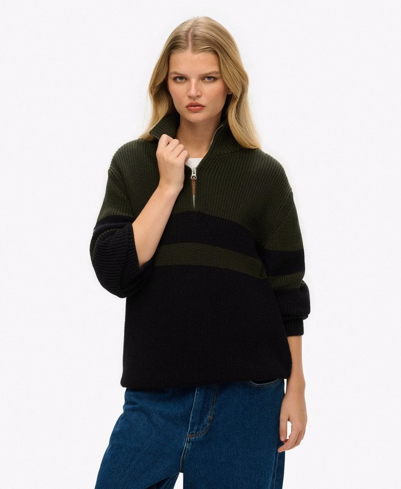 Oversized katoenen trui met klassieke strepen en halve rits