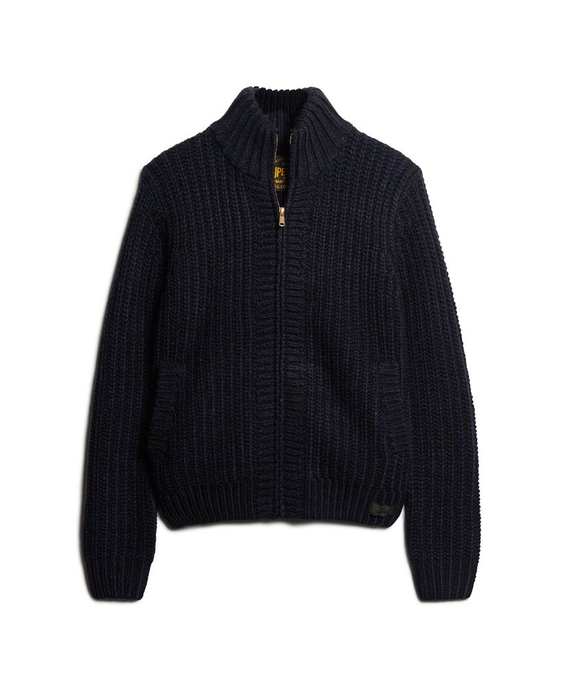 grof gebreid vest met ritssluiting in marineblauw en zwart met een twist.