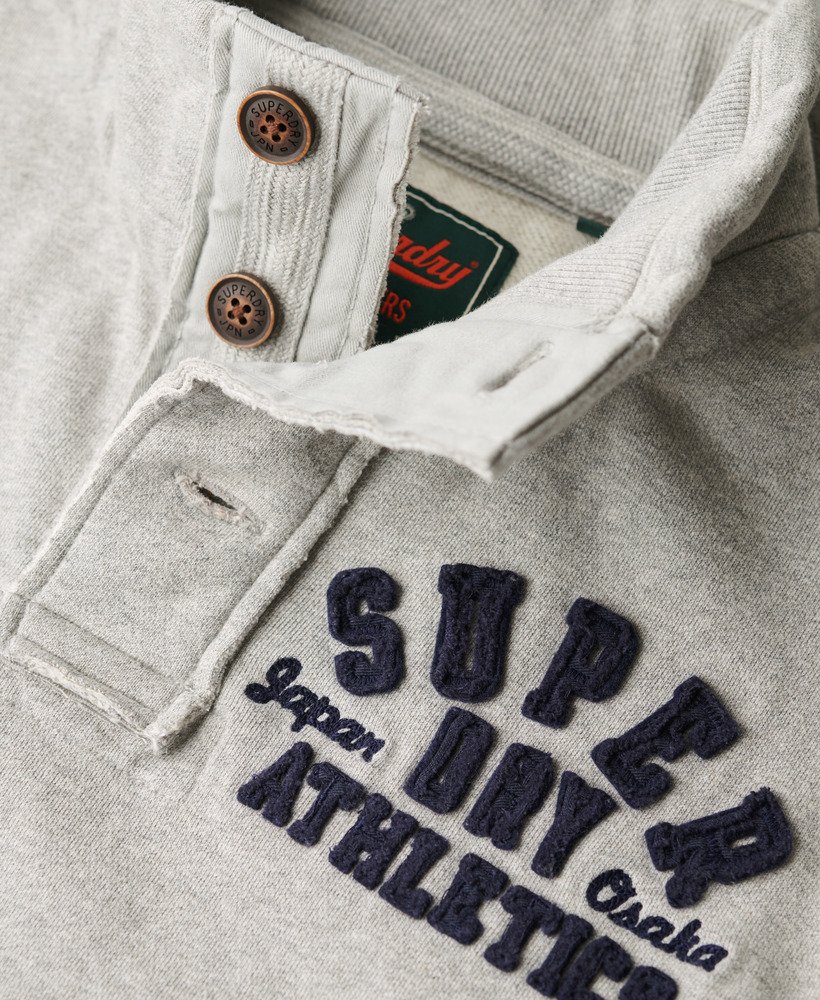vintage sportieve halfknoops sweater in lichtgrijs gemêleerd.