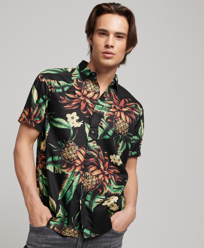 hawaiiaans shirt met korte mouwen in zwarte ananasprint