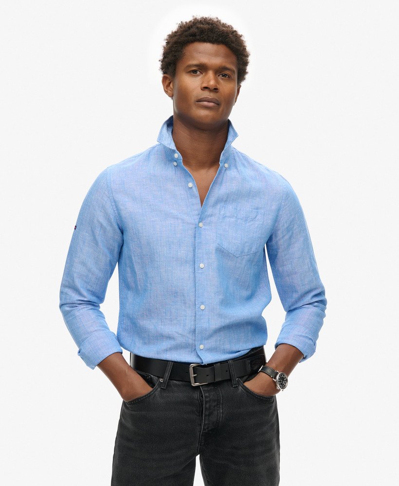 organic cotton studios linnen overhemd met knoopsluiting in blue bonnet
