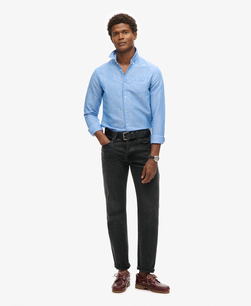 organic cotton studios linnen overhemd met knoopsluiting in blue bonnet