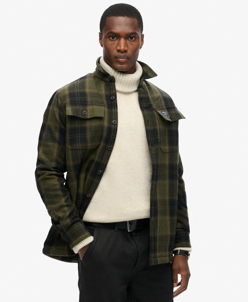 wool miller overshirt in roderick check olive.