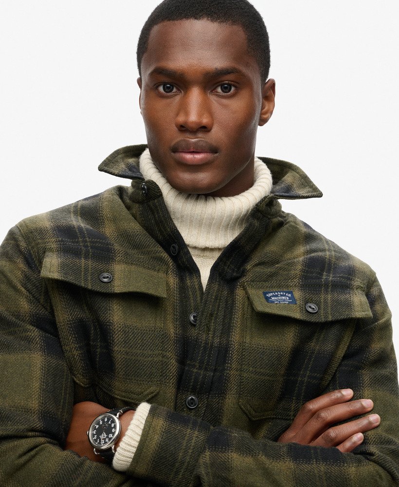 wool miller overshirt in roderick check olive.