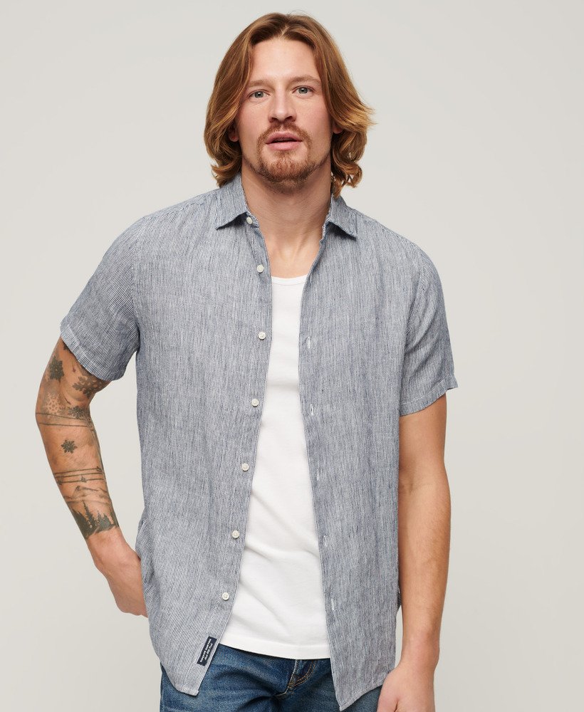studios casual linnen overhemd in marineblauwe twill met strepen.