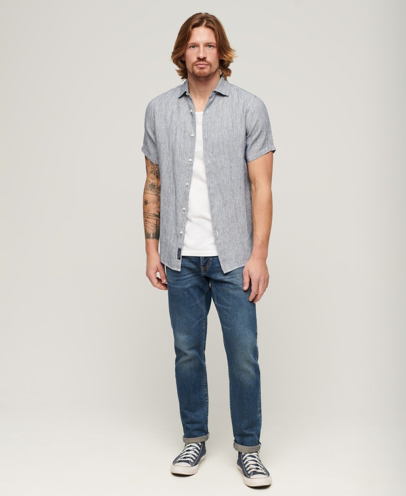 studios casual linnen overhemd in marineblauwe twill met strepen.