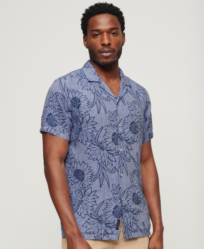 open kraag linnen overhemd met chrysanth optic outline print