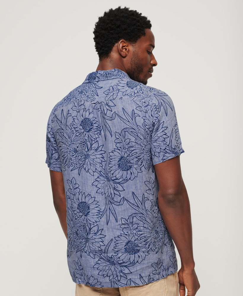 open kraag linnen overhemd met chrysanth optic outline print