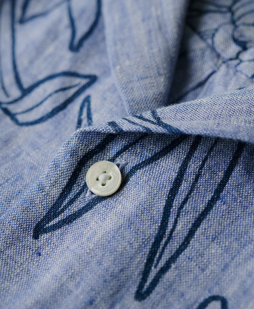 open kraag linnen overhemd met chrysanth optic outline print