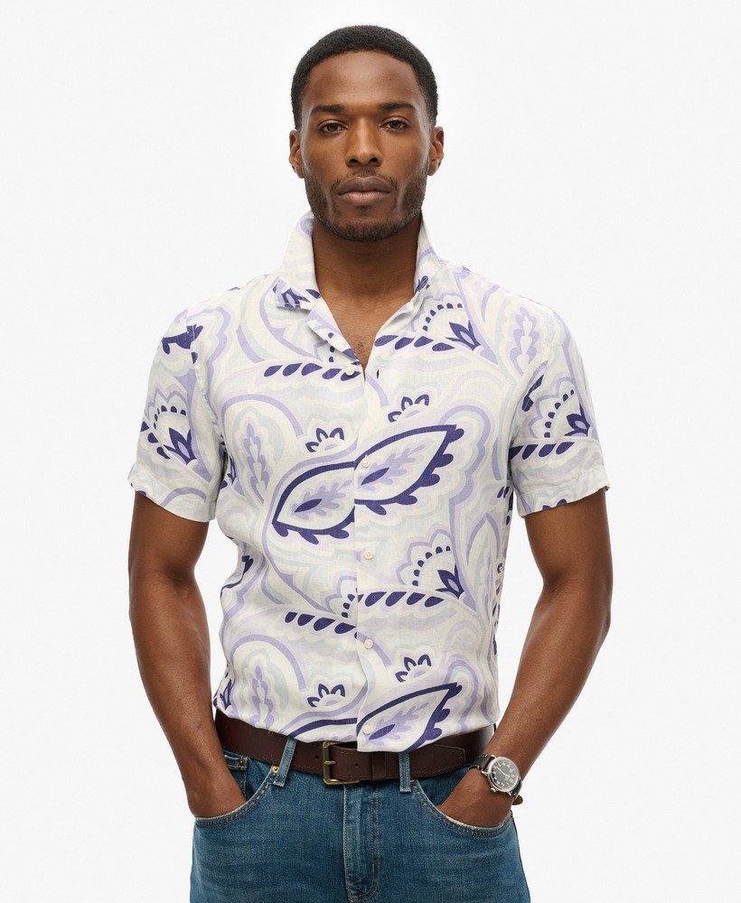 open kraag linnen overhemd met print in laurel grey.
