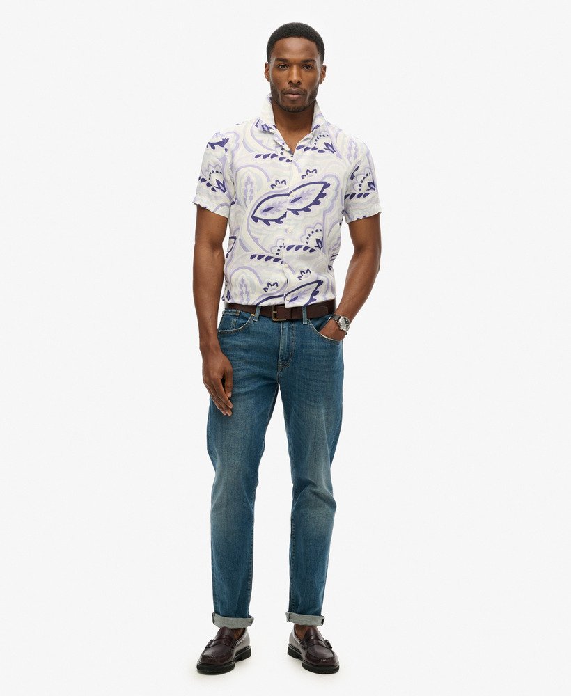 open kraag linnen overhemd met print in laurel grey.