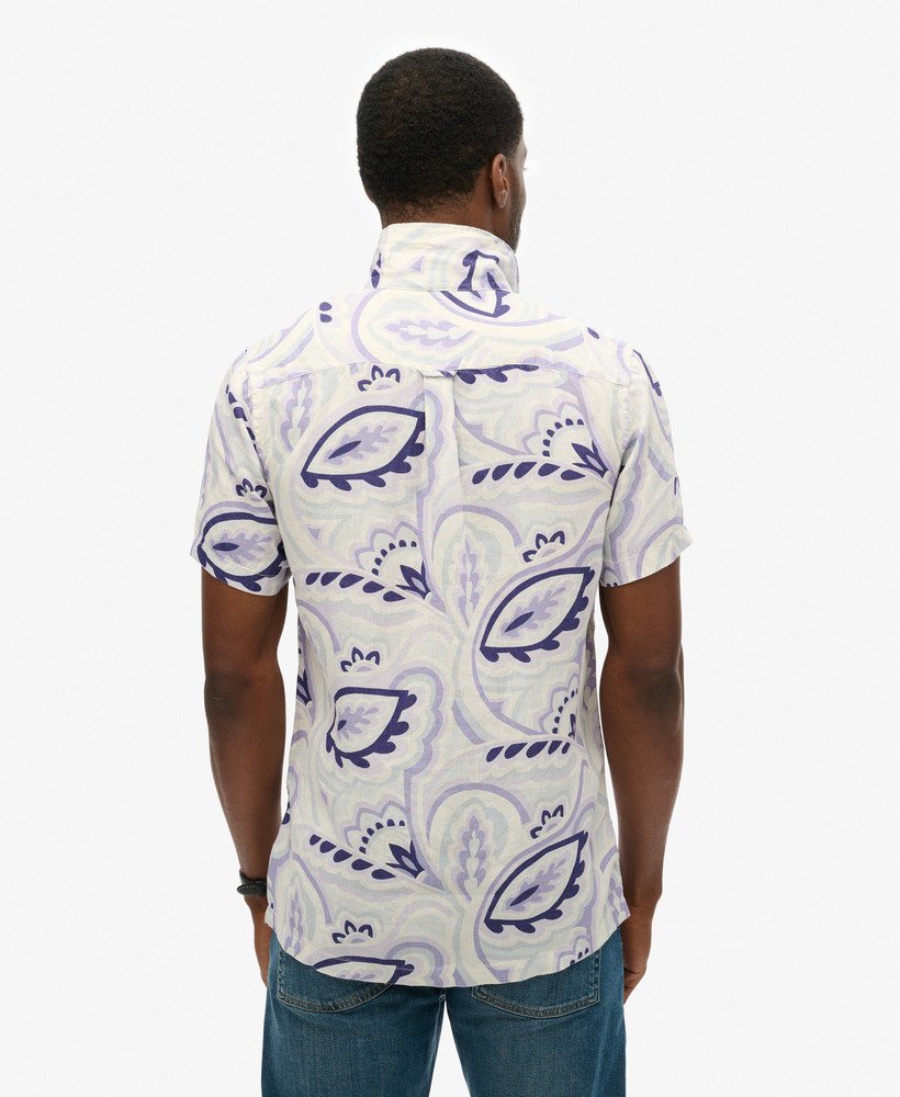 open kraag linnen overhemd met print in laurel grey.
