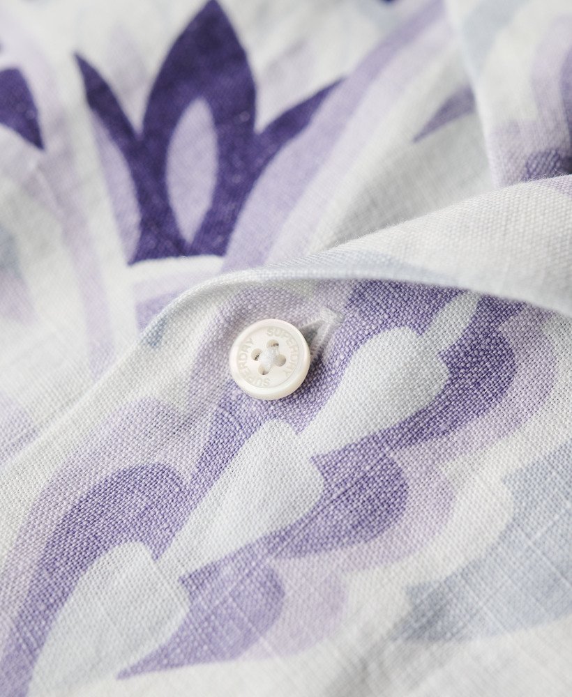 open kraag linnen overhemd met print in laurel grey.