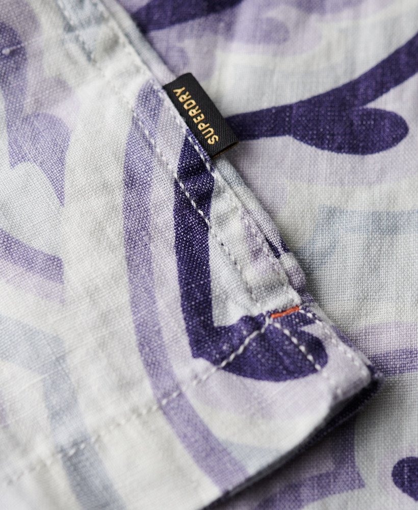 open kraag linnen overhemd met print in laurel grey.