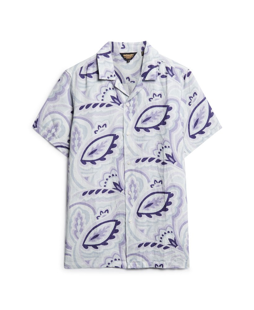 open kraag linnen overhemd met print in laurel grey.