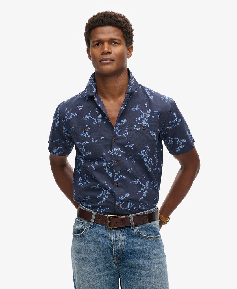 strandshirt met korte mouwen in indigo bloemenprint