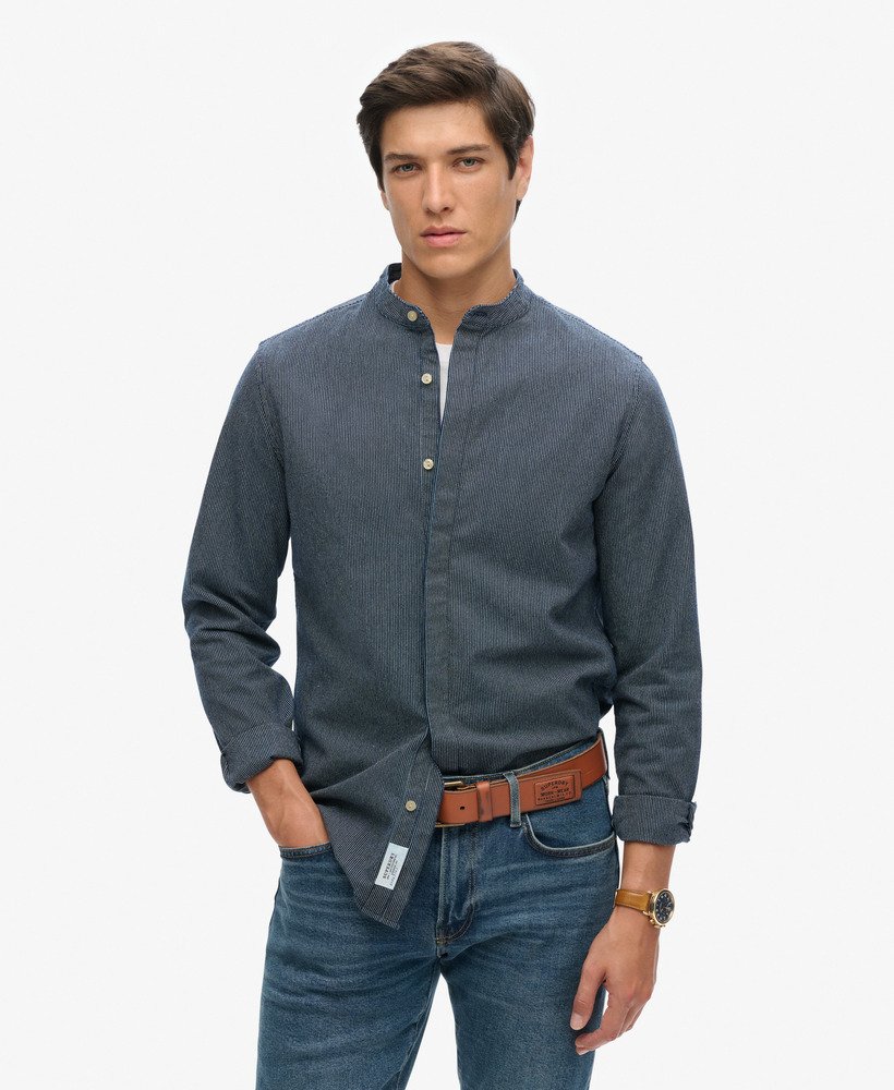 de merchant store - indigo grandad shirt in indigo stripe