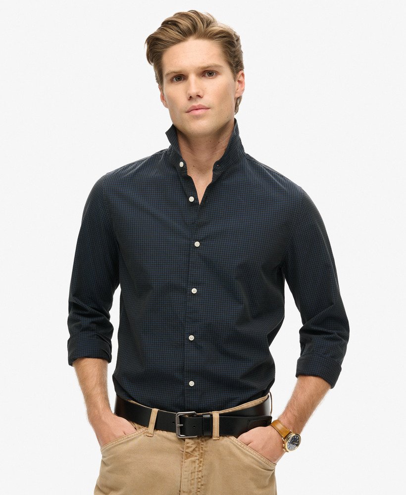 casual overhemd met lange mouwen in grijsmarineblauw ruitpatroon