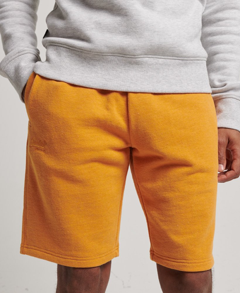 vintage jersey shorts met geborduurd logo in een goudkleurige gemêleerde stof.