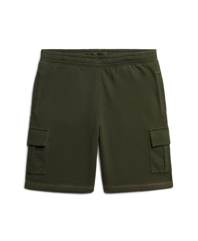 cargo shorts met contrasterende stiksels in gewassen olijfgroen.