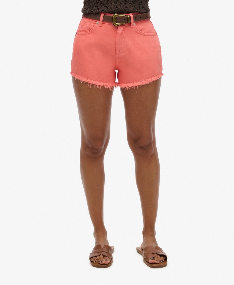 high rise denim shorts in sunset coral