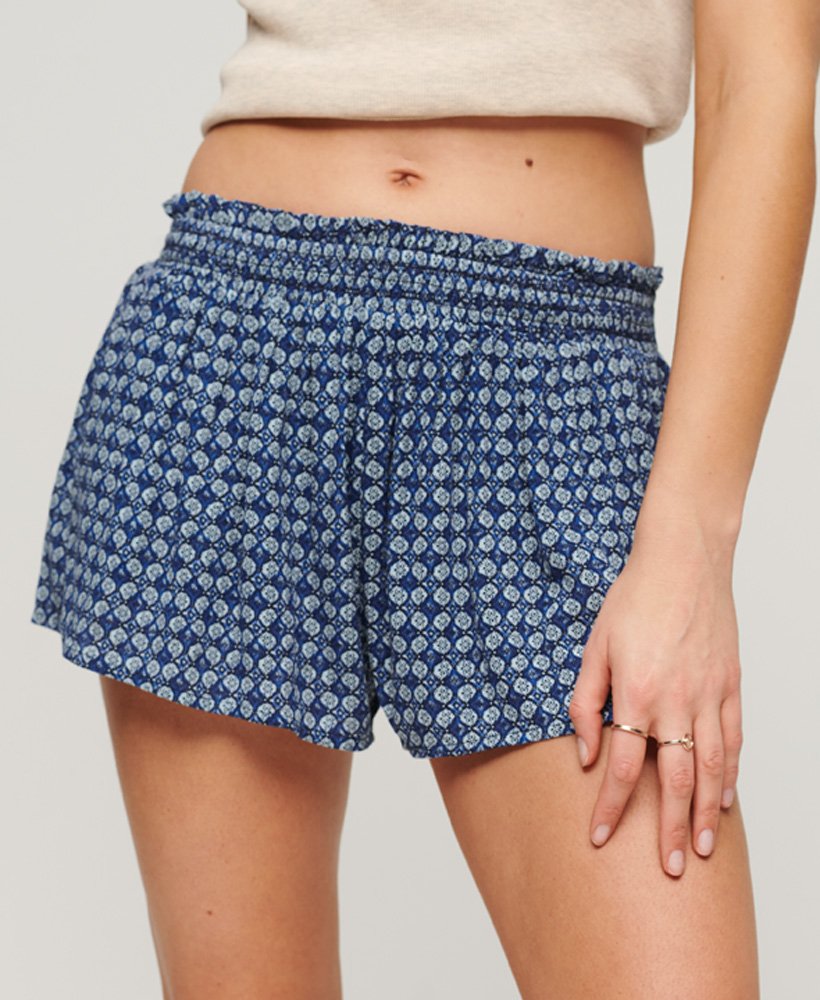 gerimpelde strandshorts in mini-geometrisch blauw