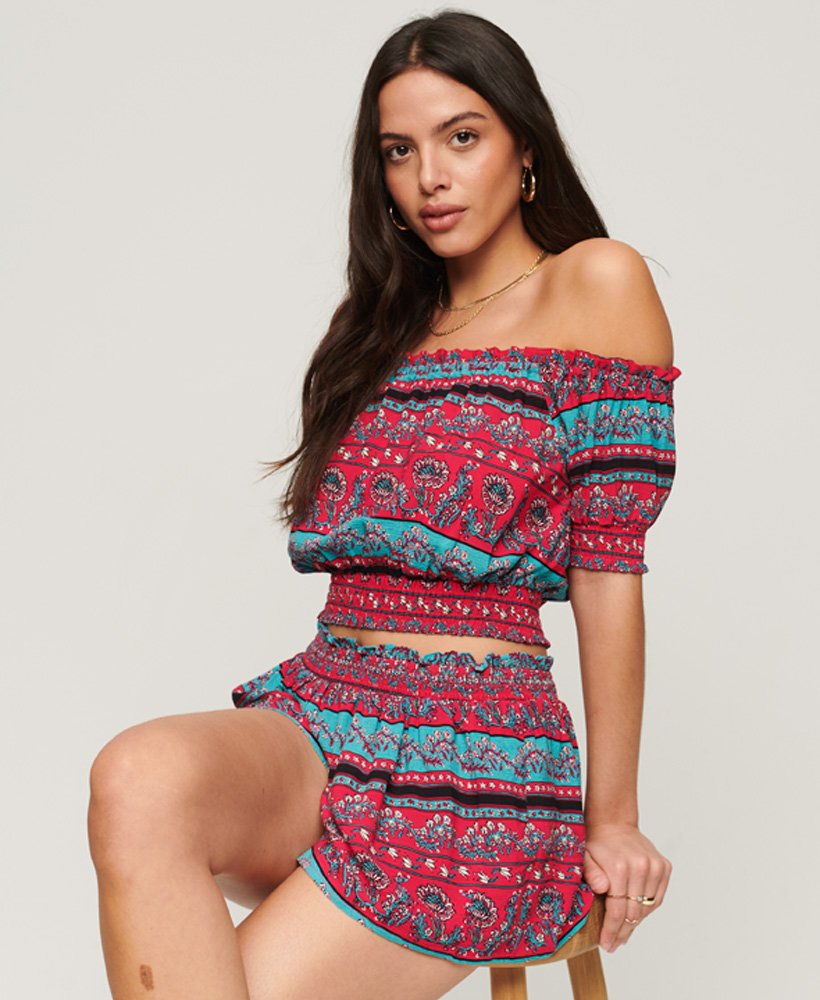 gerimpelde strandshorts in parijs paisley roze
