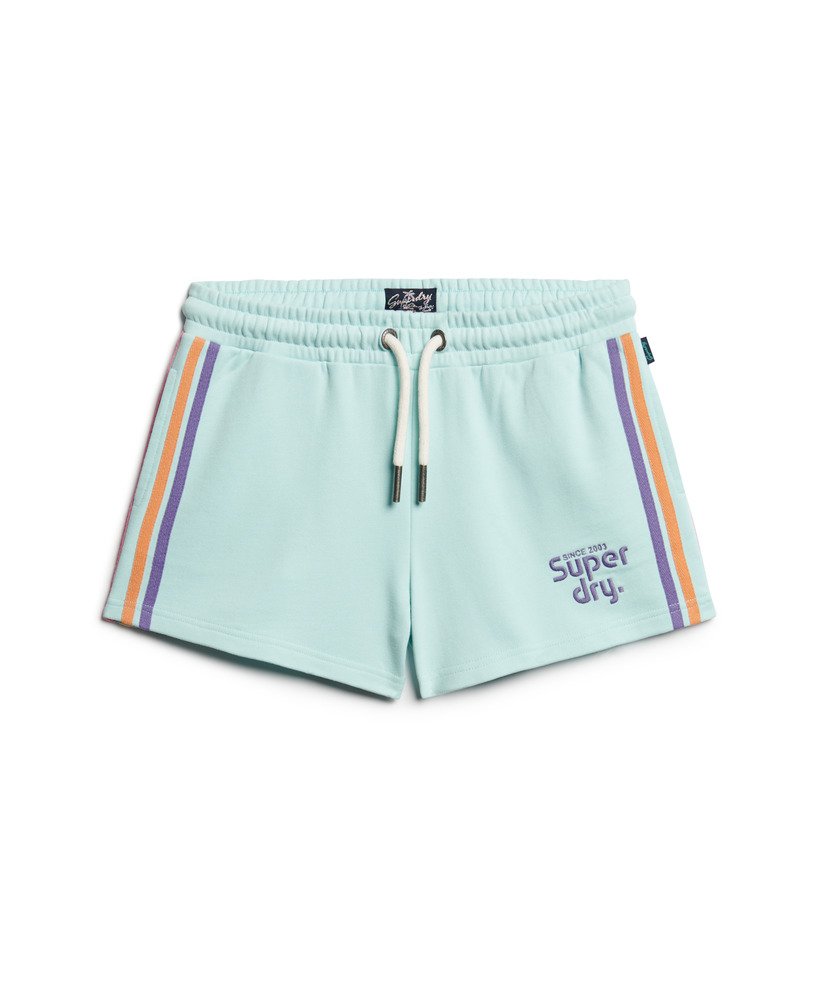 shorts met regenboogkleurige zijstreep en logo in grijsgroen.